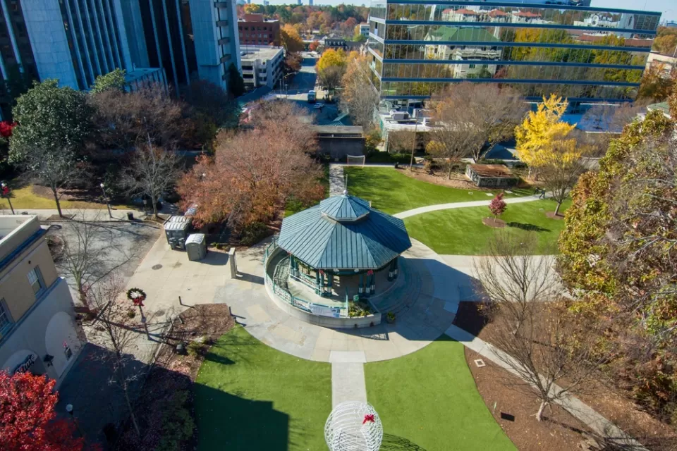 Aerial view of gazebo and surrounding lawn and buildings in Decatur Square, Decatur, Georgia